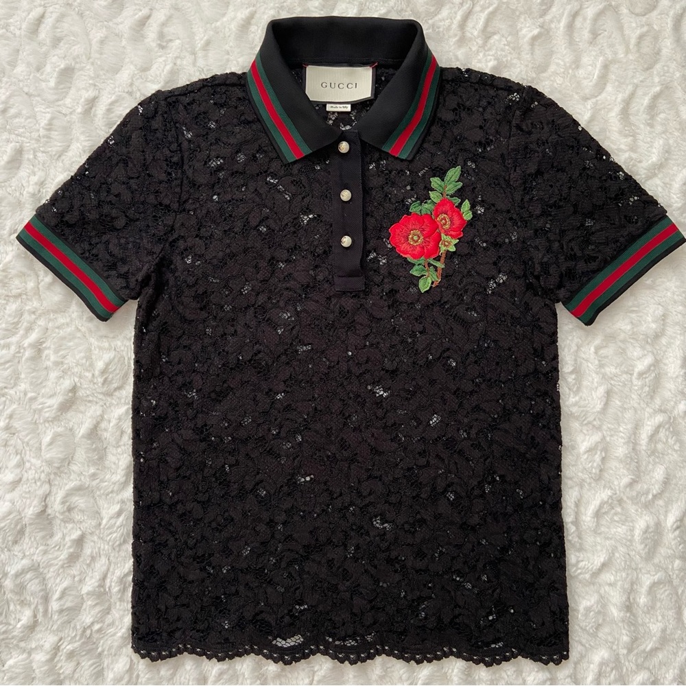 RARE GUCCI Polo T-shirt Black Lace with Embroidered Flower and Striped Trim